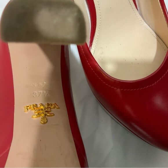 Prada | Red Patent Leather Platform Pumps Sz 37 1/2 - Picture 9 of 15